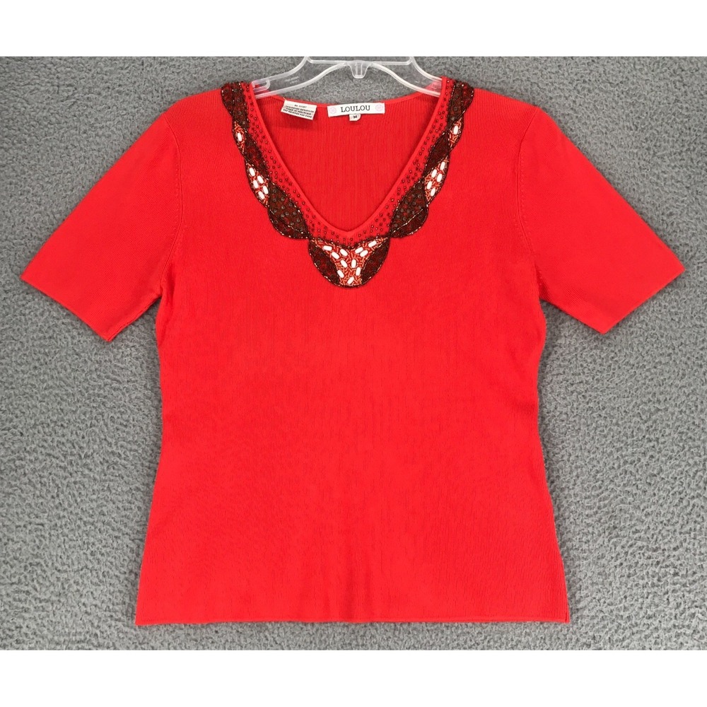 LouLou Top Size M Beaded Neckline Short Sleeve Stretch Pullover Orange
